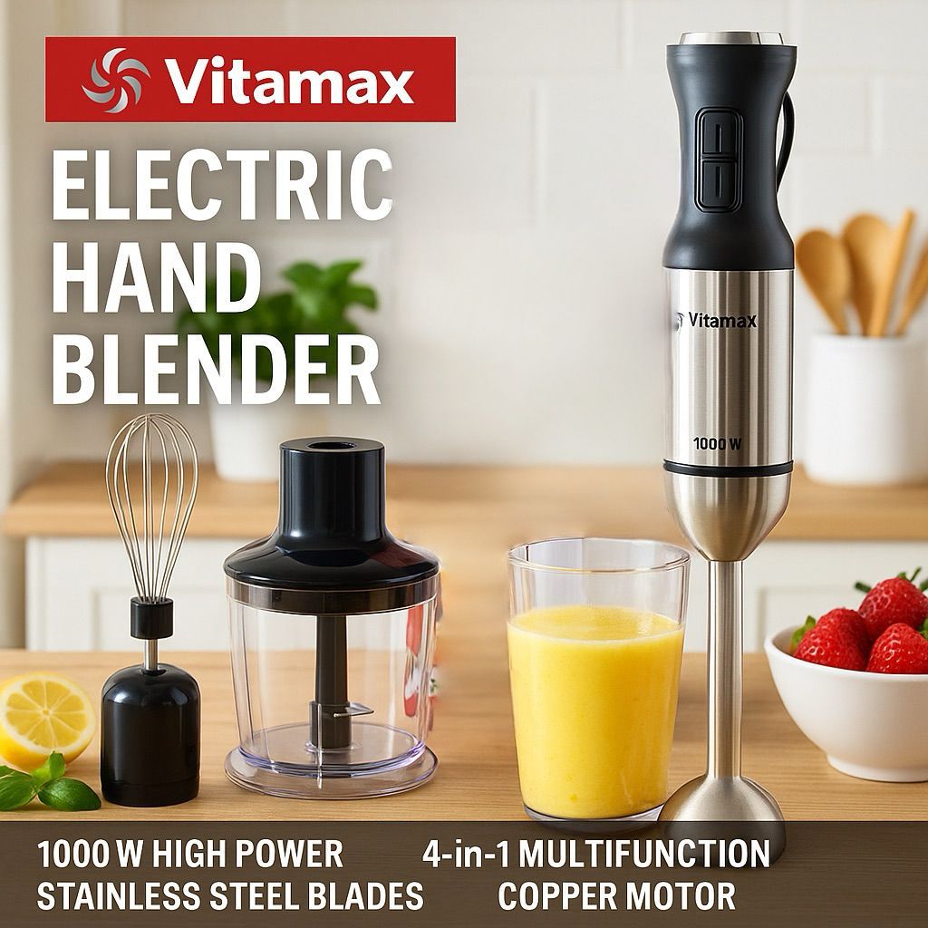 4-in-1 Stainless Steel Hand Blender | Multi-Function with Chopper, Beater & Mini Jug